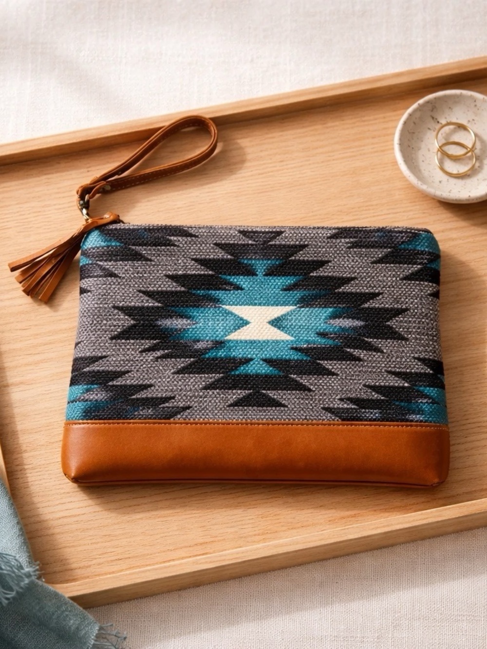 Myra Bag- Turquoise Aztec Print Wristlet Clutch or Pouch Rug canvas Leather